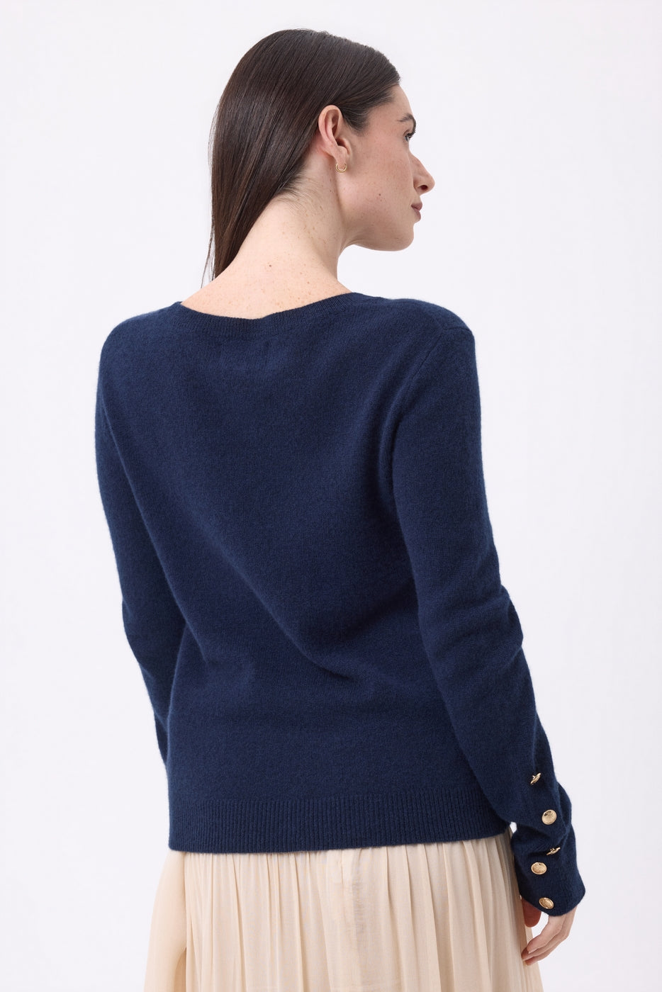 Bold Balloon Sleeve Gold Button Crew Neck Jumper - Navy Blue - Women