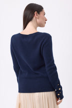 Bold Balloon Sleeve Gold Button Crew Neck Jumper - Navy Blue - Women