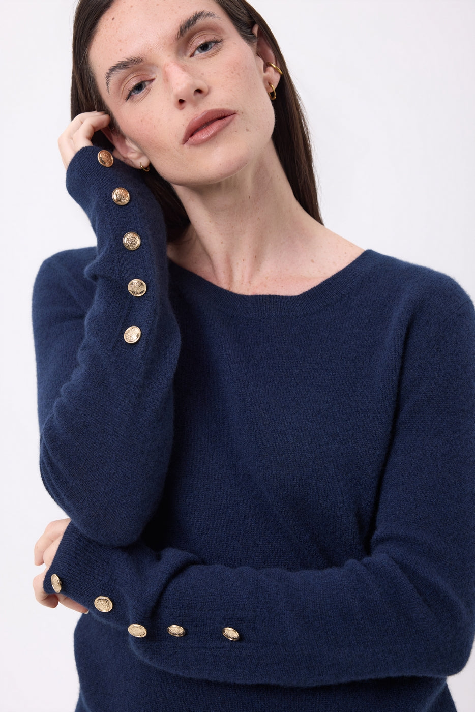 Bold Balloon Sleeve Gold Button Crew Neck Jumper - Navy Blue - Women