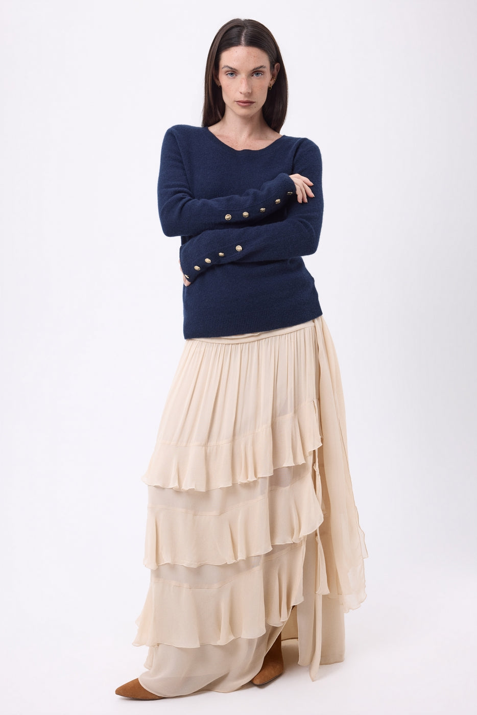 Bold Balloon Sleeve Gold Button Crew Neck Jumper - Navy Blue - Women