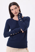 Bold Balloon Sleeve Gold Button Crew Neck Jumper - Navy Blue - Women