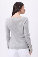Bold Crew Neck Balloon Sleeve Gold Button Jumper - Light Grey - Women