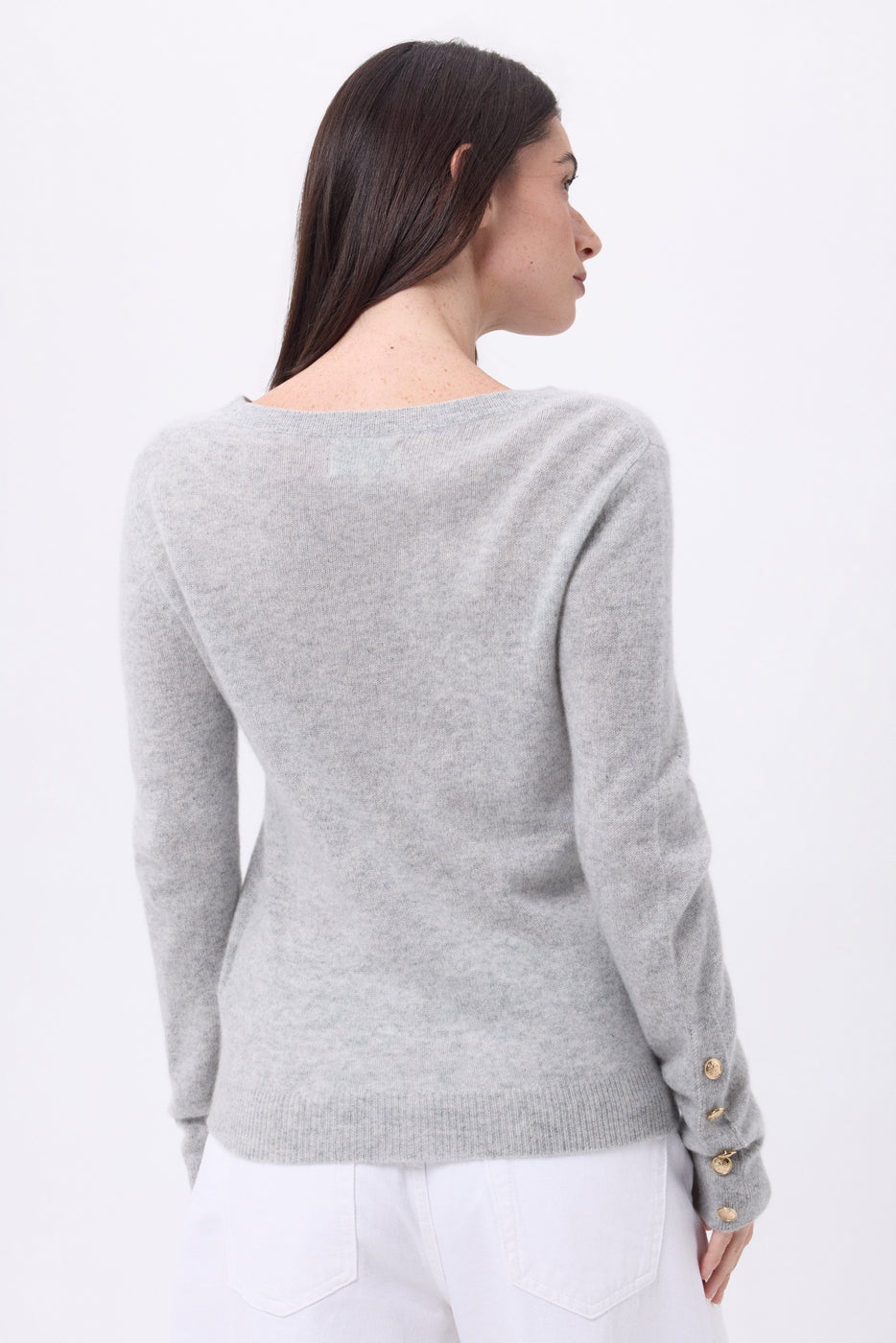 Bold Crew Neck Balloon Sleeve Gold Button Jumper - Light Grey - Women