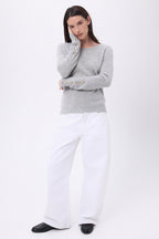 Bold Crew Neck Balloon Sleeve Gold Button Jumper - Light Grey - Women