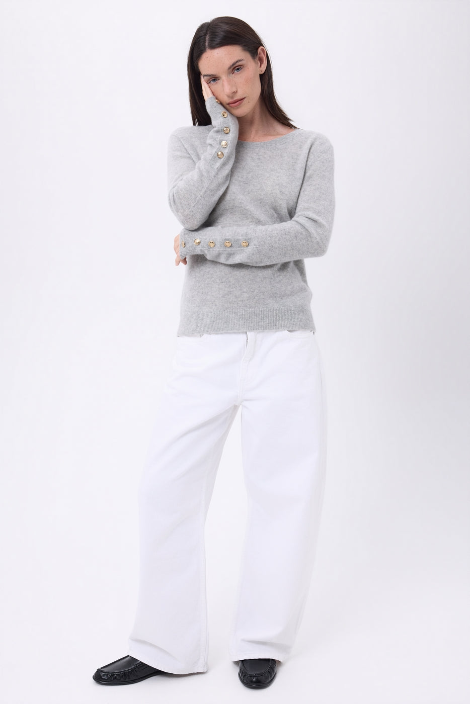 Bold Crew Neck Balloon Sleeve Gold Button Jumper - Light Grey - Women