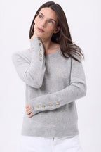 Bold Crew Neck Balloon Sleeve Gold Button Jumper - Light Grey - Women