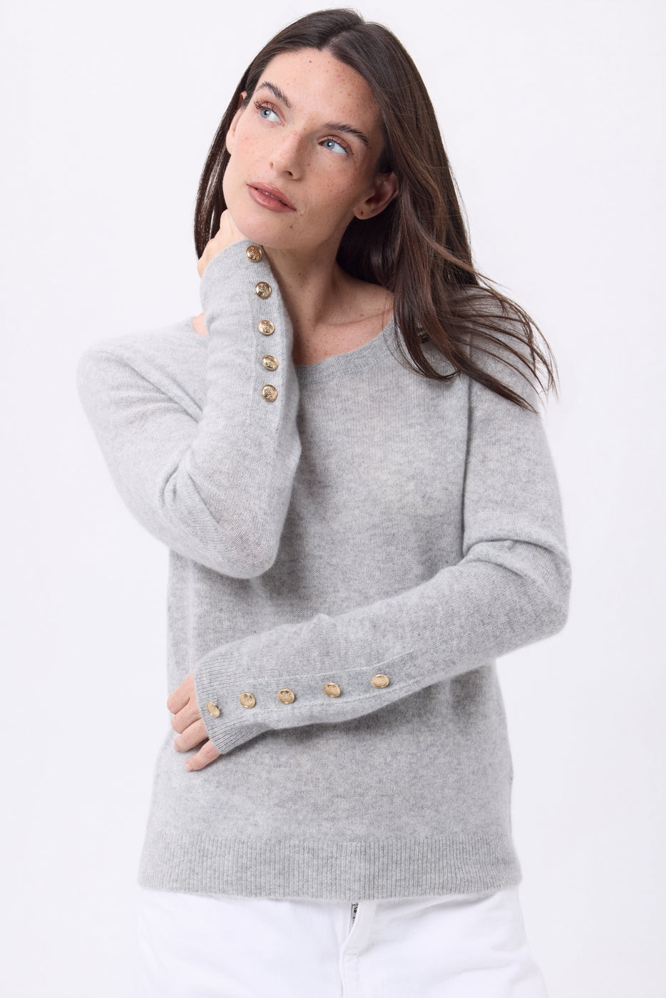 Bold Crew Neck Balloon Sleeve Gold Button Jumper - Light Grey - Women