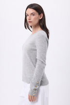 Bold Crew Neck Balloon Sleeve Gold Button Jumper - Light Grey - Women
