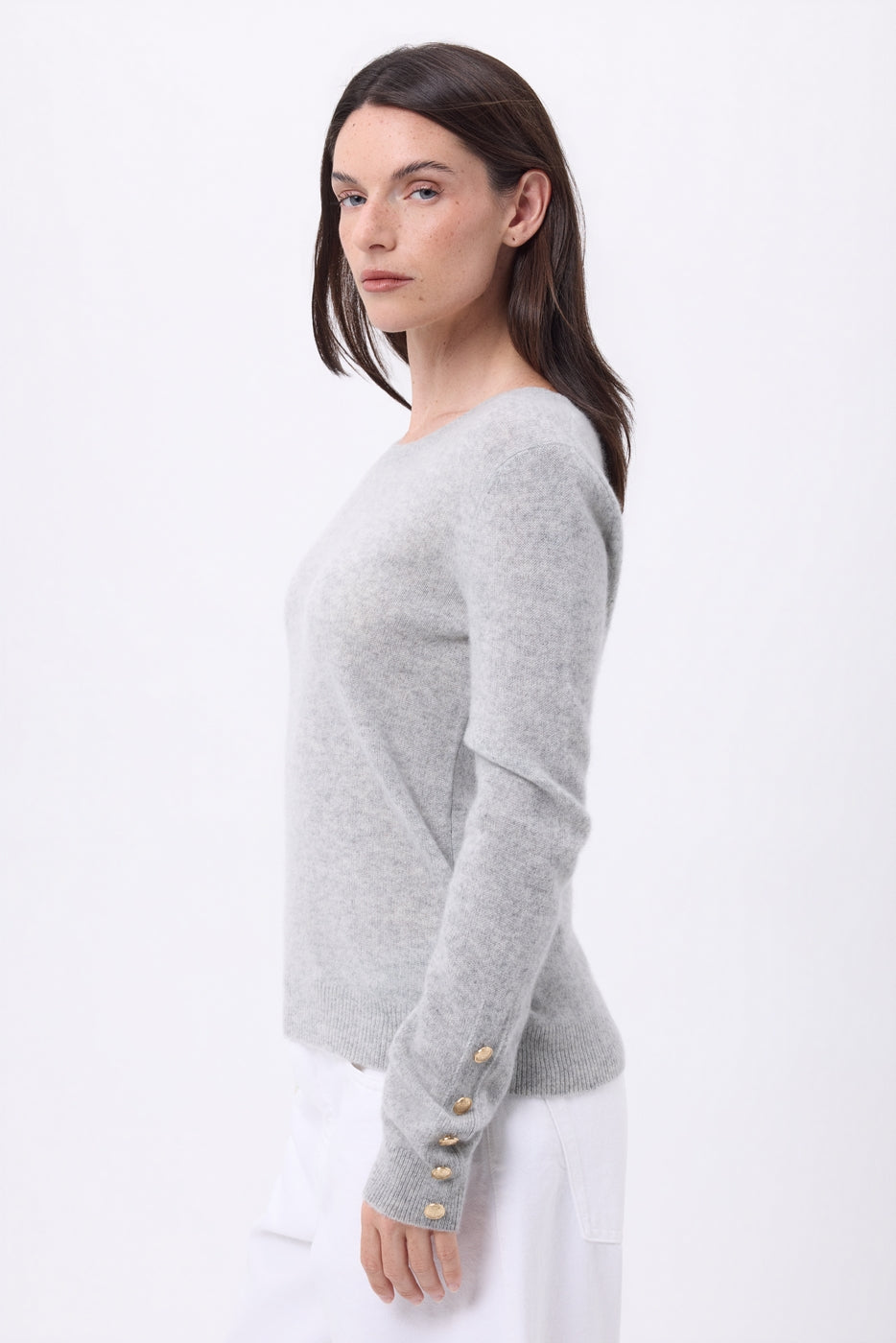 Bold Crew Neck Balloon Sleeve Gold Button Jumper - Light Grey - Women
