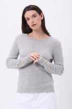 Bold Crew Neck Balloon Sleeve Gold Button Jumper - Light Grey - Women