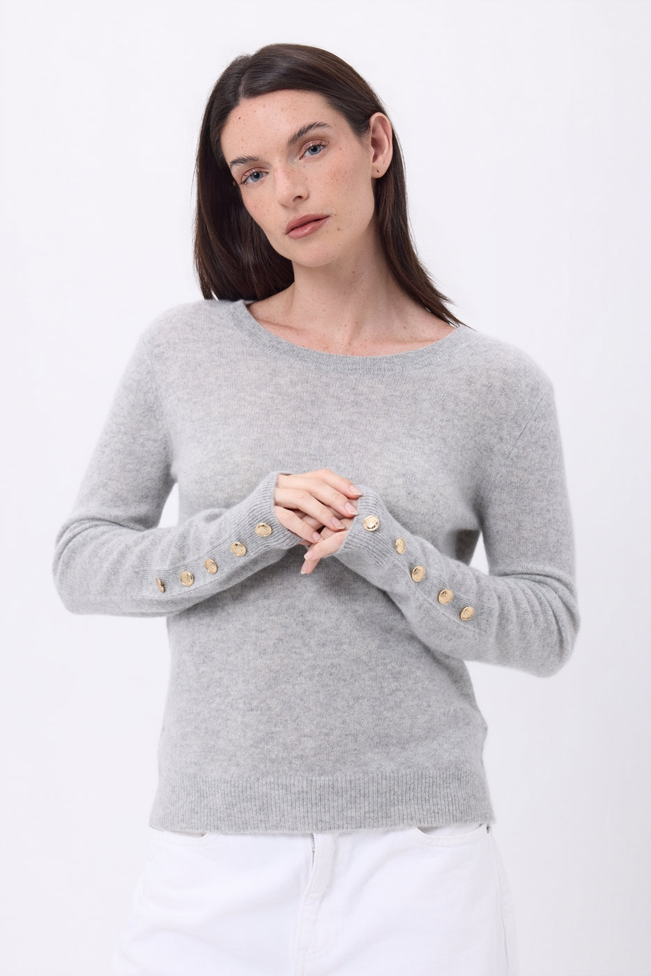 Bold Crew Neck Balloon Sleeve Gold Button Jumper - Light Grey - Women
