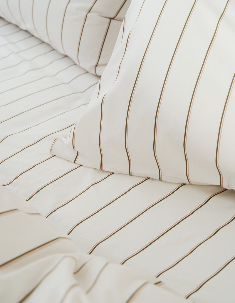 Housse De Couette - Percale De Coton - Rayé Olive