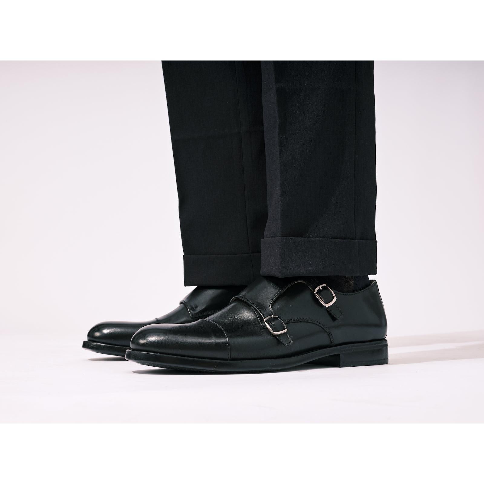 Straight-Toe Monk Strap Shoes - Black - Men