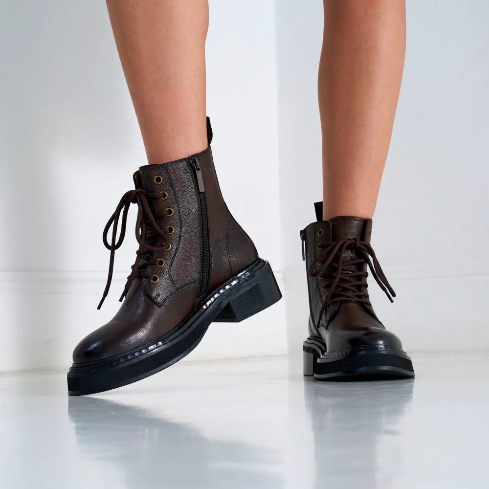 Lace-Up Derby Ankle Boots - Dark Brown - Women