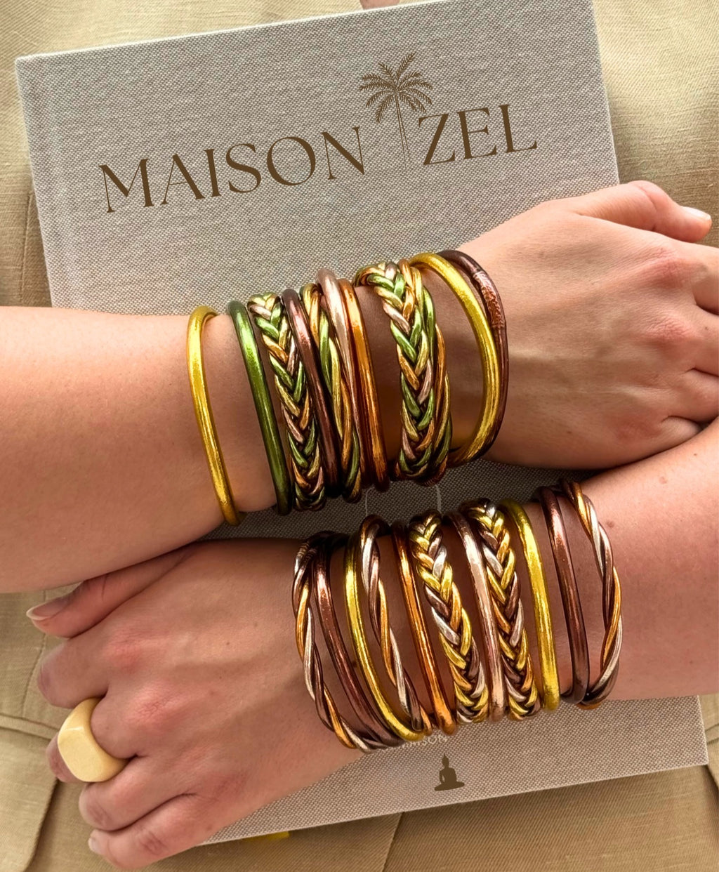 Braided Buddhist Bracelet Lemon Green, Apricot, Ochre, Khaki, Light Gold