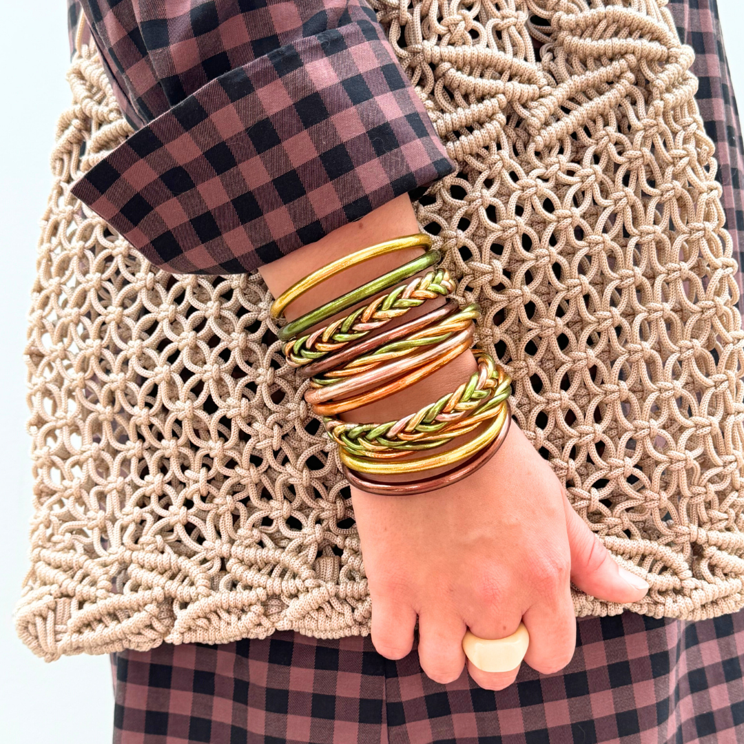 Braided Buddhist Bracelet Lemon Green, Apricot, Ochre, Khaki, Light Gold