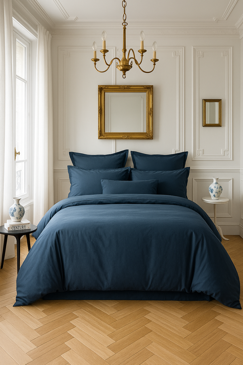 Housse De Couette 100% Satin De Coton Lavé 105 Fils Bleu Marine