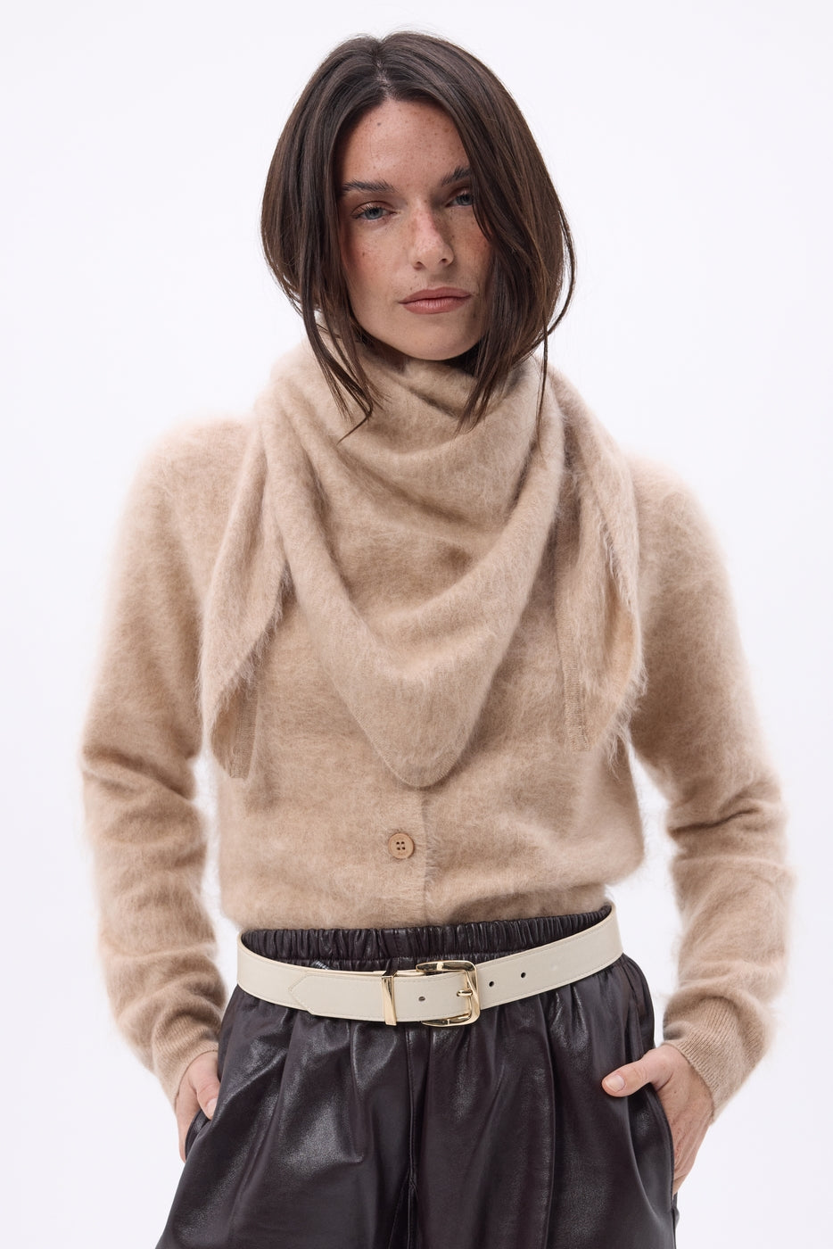 Bandana triangular oversize – Cachemira cepillada Brea - Beige crema - Mujer