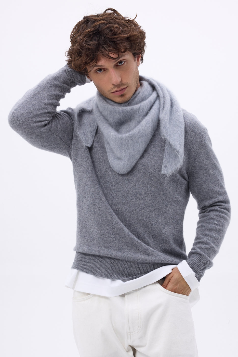 Bandana triangular oversize – Cachemira cepillada Brea - Gris claro - Hombre
