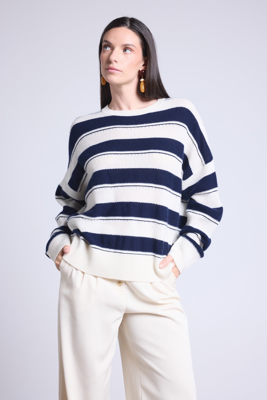 Pull Col Rond Texture A Rayures Bridget - Bleu Marine Et Blanc - Femme