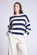 Pull Col Rond Texture A Rayures Bridget - Bleu Marine Et Blanc - Femme