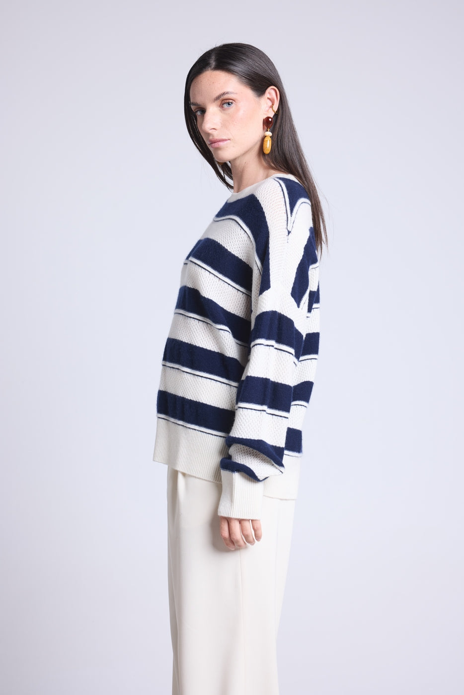 Pull Col Rond Texture A Rayures Bridget - Bleu Marine Et Blanc - Femme
