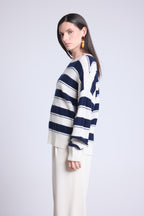 Pull Col Rond Texture A Rayures Bridget - Bleu Marine Et Blanc - Femme
