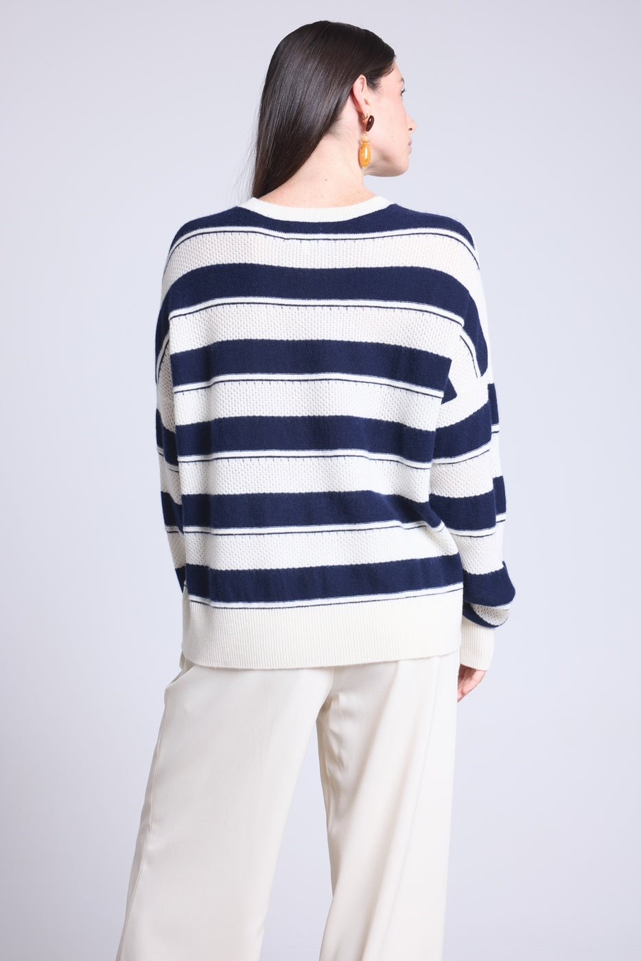 Pull Col Rond Texture A Rayures Bridget - Bleu Marine Et Blanc - Femme