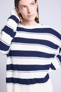 Pull Col Rond Texture A Rayures Bridget - Bleu Marine Et Blanc - Femme