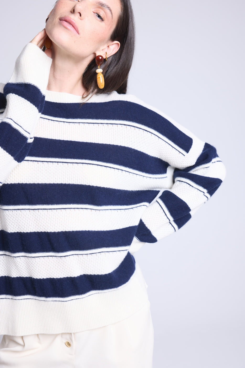 Pull Col Rond Texture A Rayures Bridget - Bleu Marine Et Blanc - Femme
