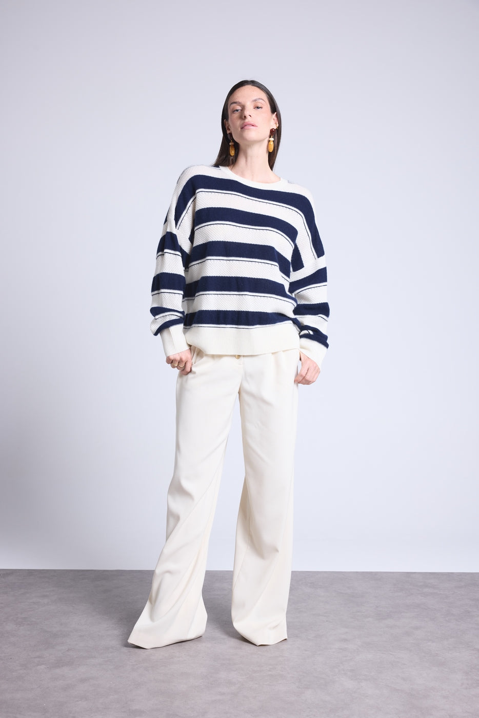 Pull Col Rond Texture A Rayures Bridget - Bleu Marine Et Blanc - Femme