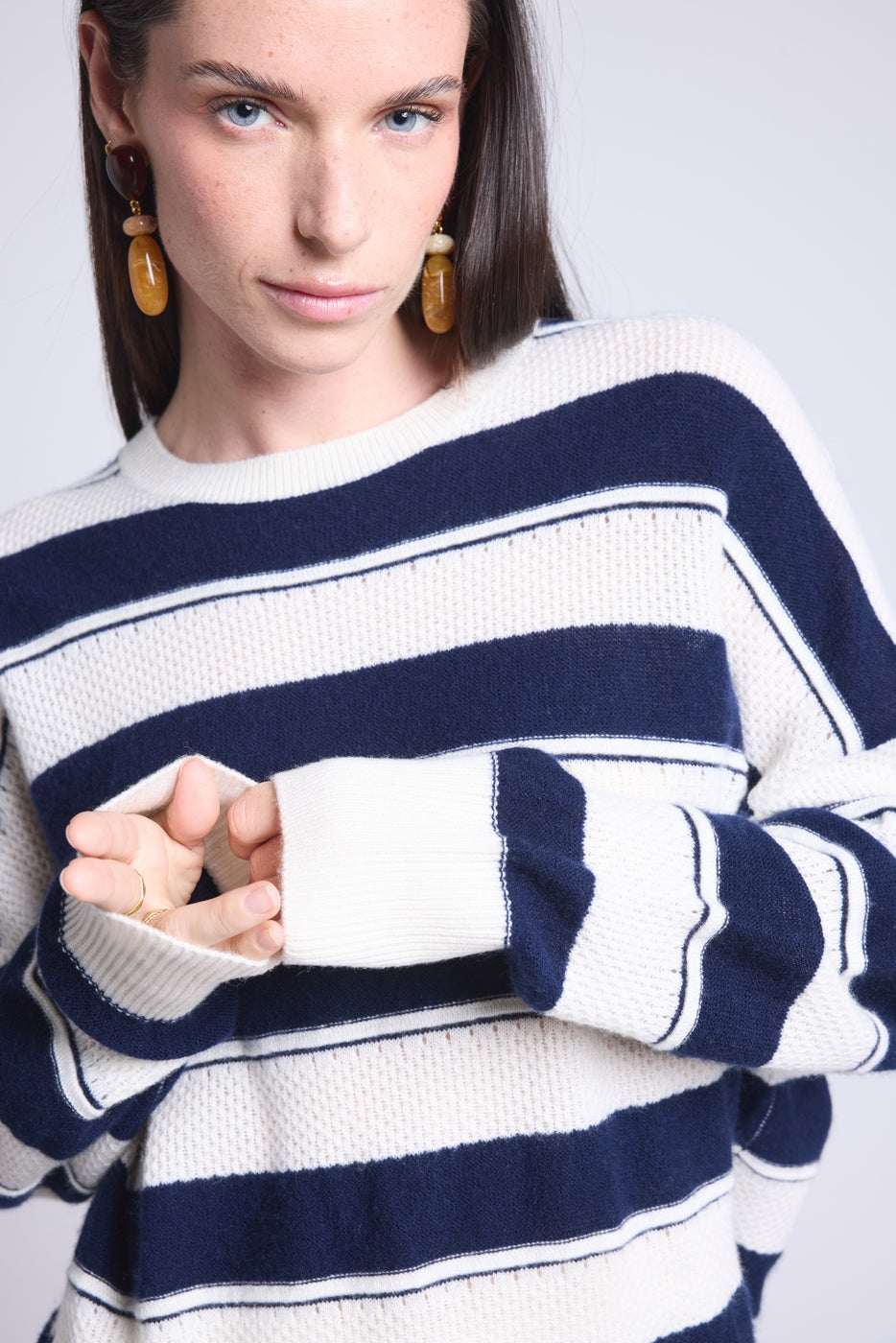 Pull Col Rond Texture A Rayures Bridget - Bleu Marine Et Blanc - Femme