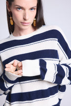 Pull Col Rond Texture A Rayures Bridget - Bleu Marine Et Blanc - Femme