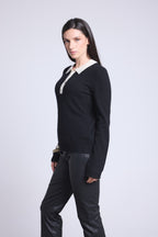 Polo-Neck Button Jumper Brume - Black White - Women