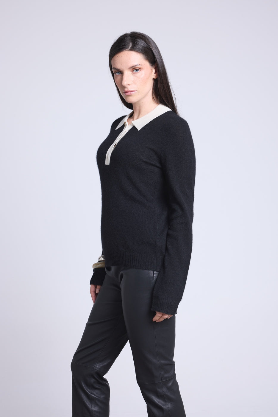 Polo-Neck Button Jumper Brume - Black White - Women