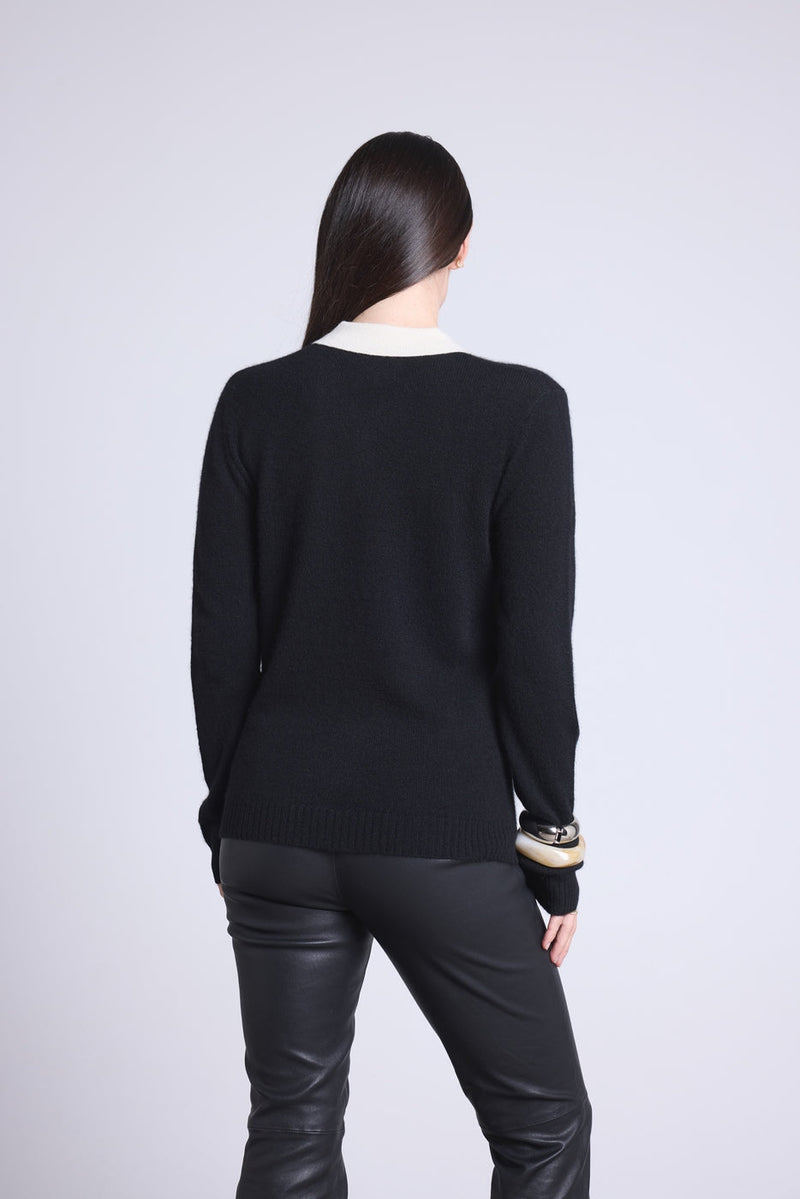Mist Buttons Polo Collar Sweater - Black White - Women