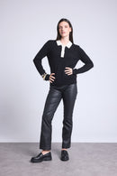Mist Buttons Polo Collar Sweater - Black White - Women