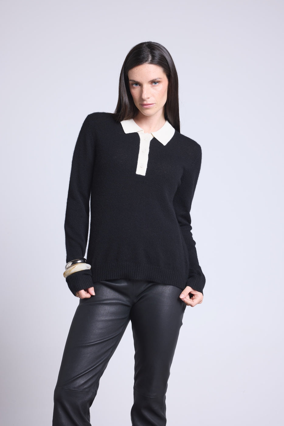 Polo-Neck Button Jumper Brume - Black White - Women