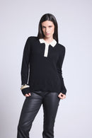 Mist Buttons Polo Collar Sweater - Black White - Women