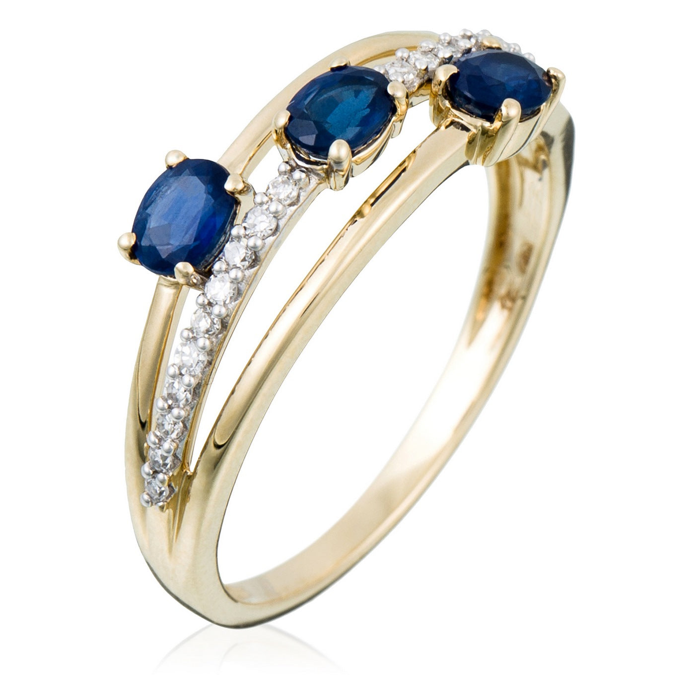 Anillo “Trío de Zafiros” D0.09Ct/20 + Zafiro0.69Ct/3 – Oro Amarillo 375/1000