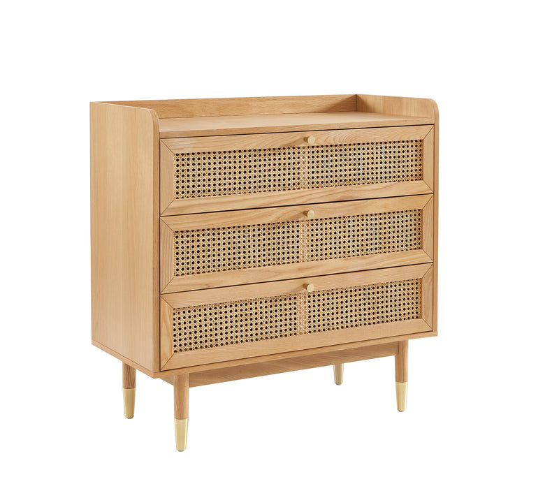 Commode Leon - Placage Chêne Et Cannage Rotin 3 Tiroirs