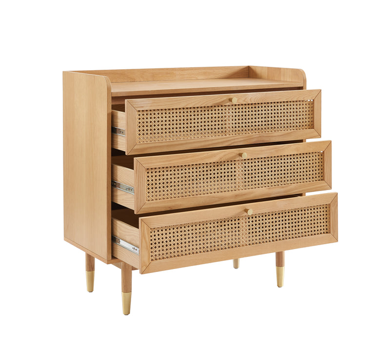 Commode Leon - Placage Chêne Et Cannage Rotin 3 Tiroirs