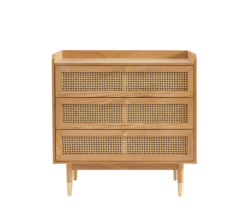 Commode Leon - Placage Chêne Et Cannage Rotin 3 Tiroirs