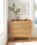 Commode Leon - Placage Chêne Et Cannage Rotin 3 Tiroirs