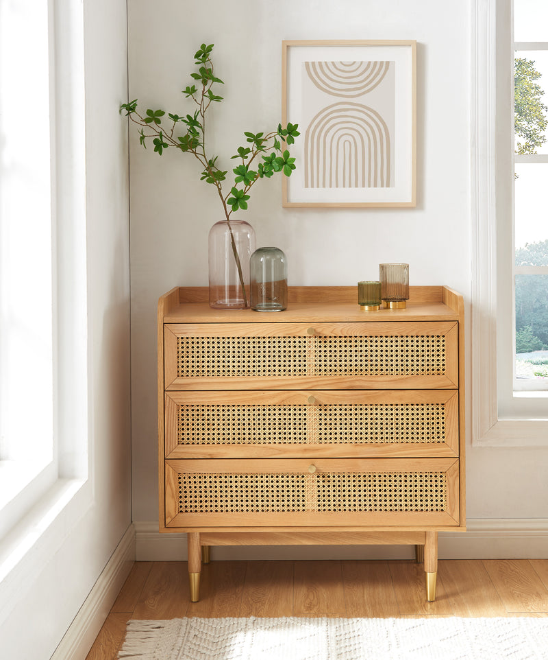 Commode Leon - Placage Chêne Et Cannage Rotin 3 Tiroirs