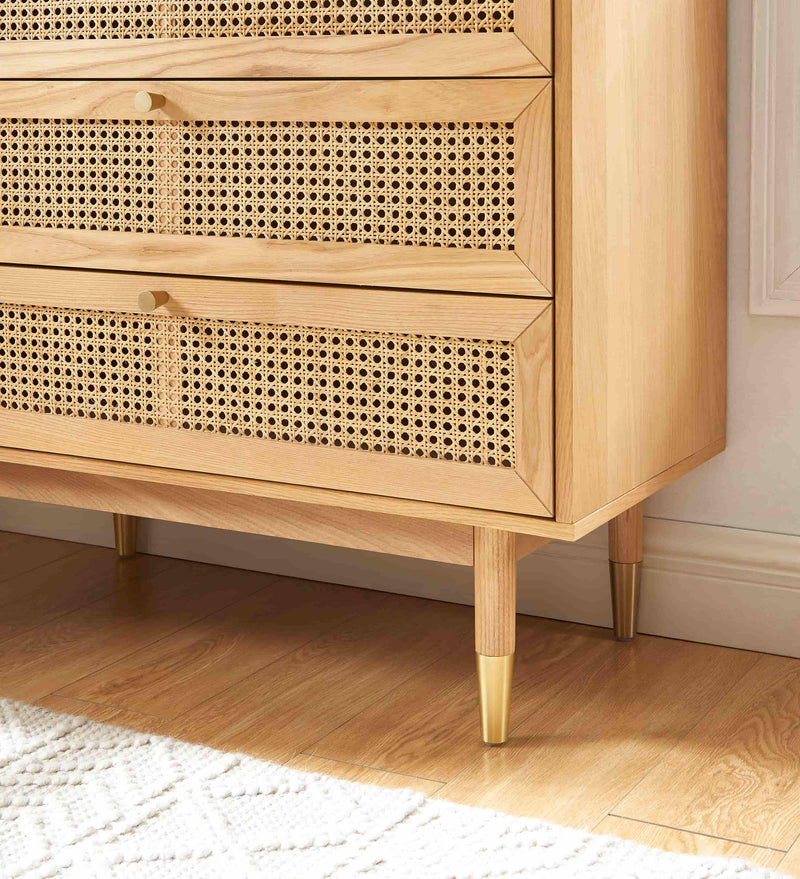 Commode Leon - Placage Chêne Et Cannage Rotin 3 Tiroirs