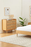 Commode Leon - Placage Chêne Et Cannage Rotin 3 Tiroirs