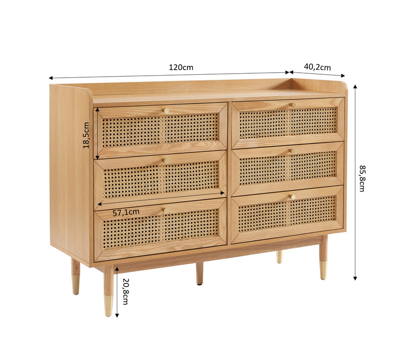 Commode Leon - Placage Chêne Et Cannage Rotin 6 Tiroirs