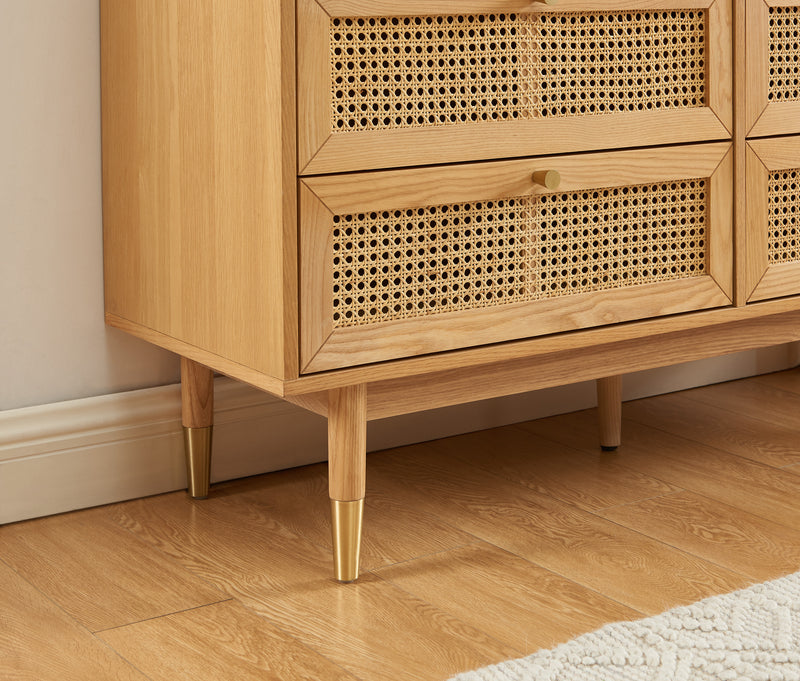 Commode Leon - Placage Chêne Et Cannage Rotin 6 Tiroirs