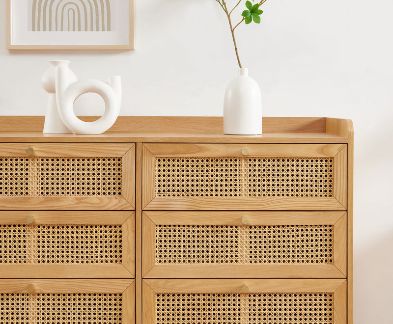 Commode Leon - Placage Chêne Et Cannage Rotin 6 Tiroirs